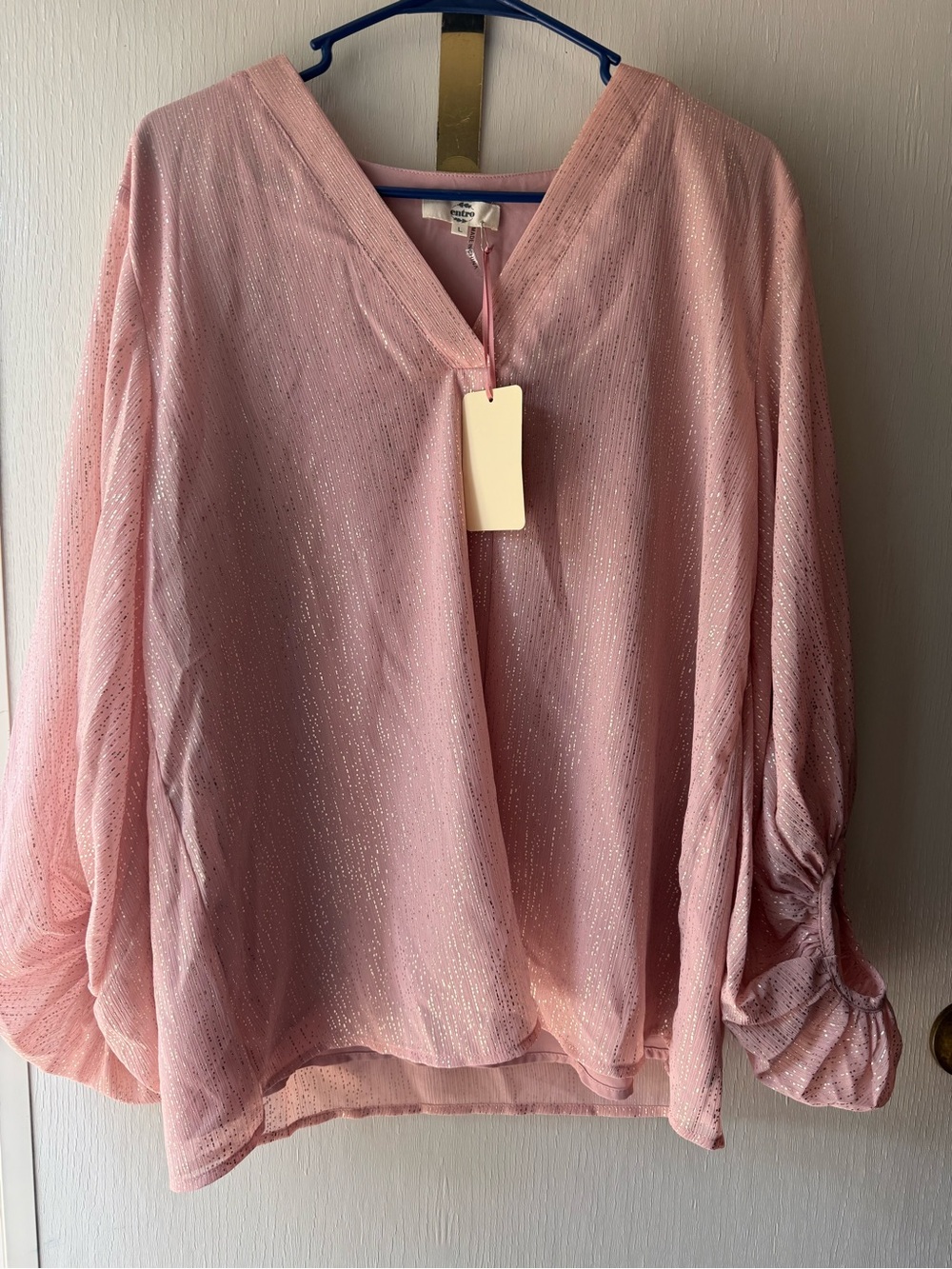 Entro Women’s Pink Shimmer V-Neck Blouse - Picture 2 of 5